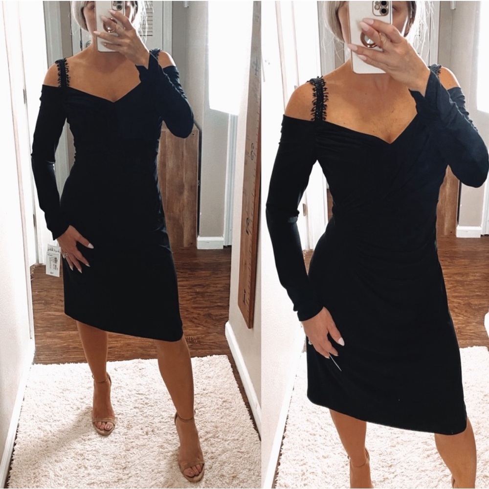 Elegant Joseph Ribkoff long sleeved sweetheart beaded black dress size 10
